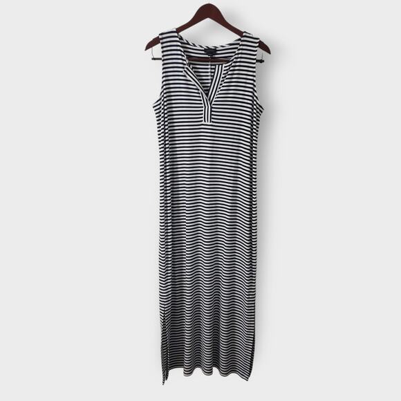 J. Jill Wearever Collection Blue Stripe Midi Dress Jersey Knit Small Side split - Picture 1 of 11